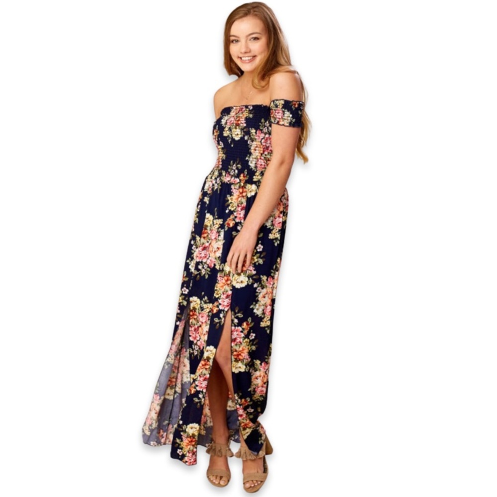 NWT Altar’d State Off-the-shoulder Dark Blue Floral Maxi Dress